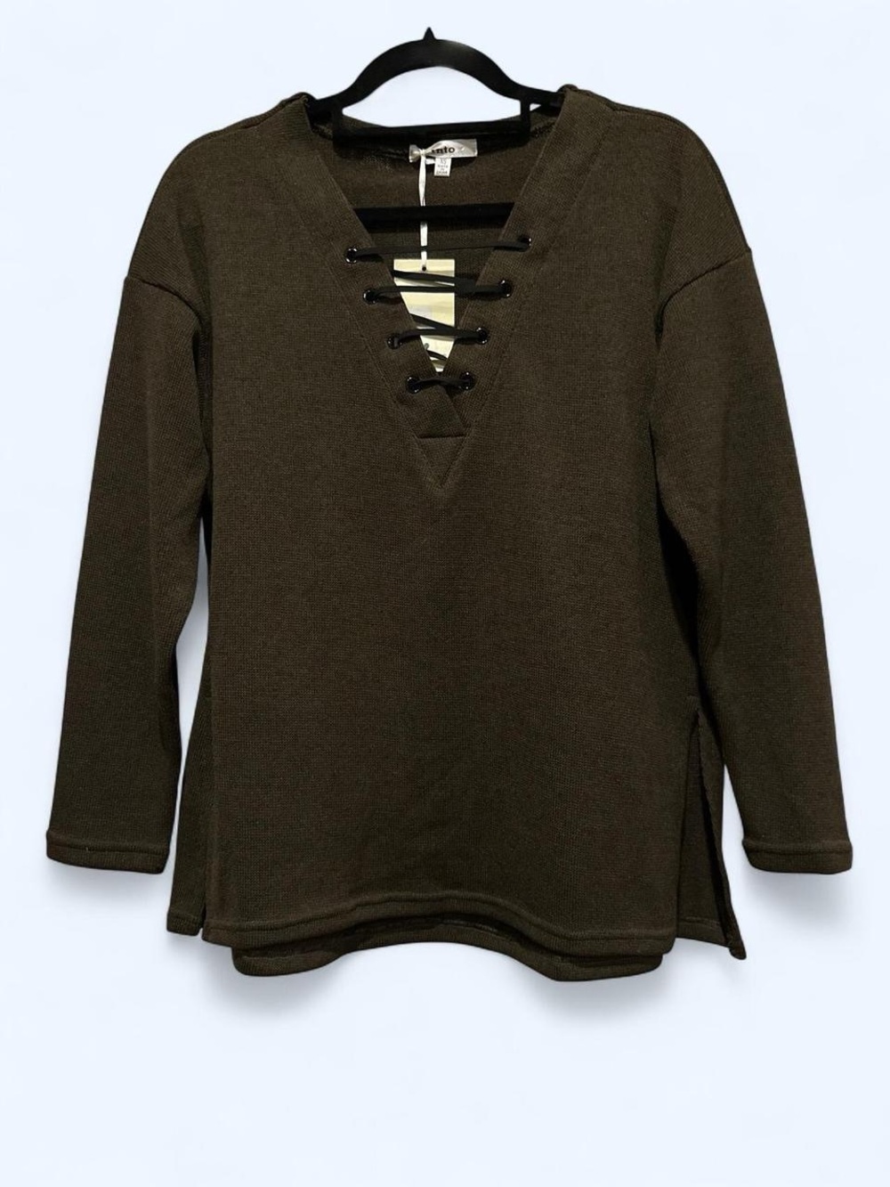 NWT Into Womens Olive Lace-Up V-Neck Pullover Sweater XS
